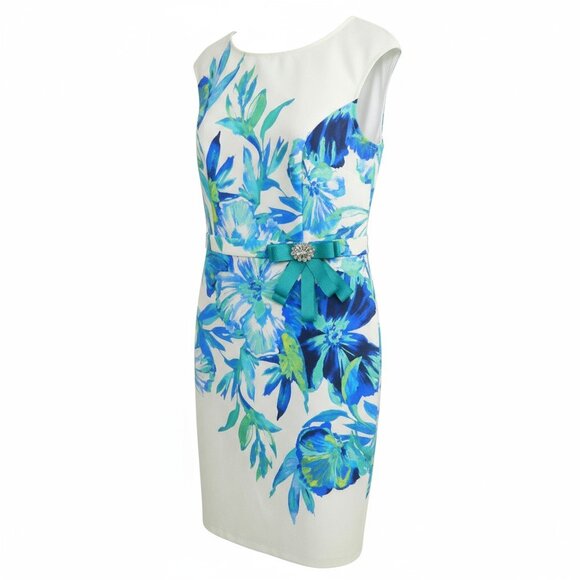 Joseph Ribkoff Holiday Party Designer Sheath Dress White and Blue Tropical - Picture 1 of 16